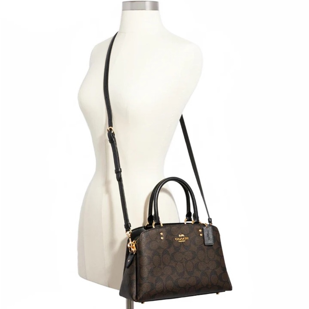 Coach Brown Signature Canvas Satchel with Black Trim. Mini Lillie
